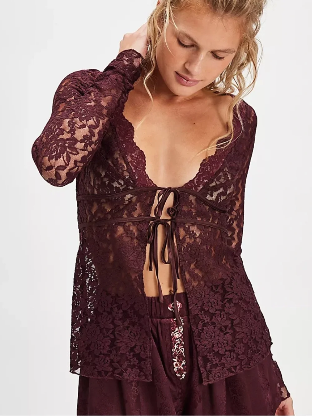 Free People Red Laced Long Sleeve Daylight Cardi Size Small